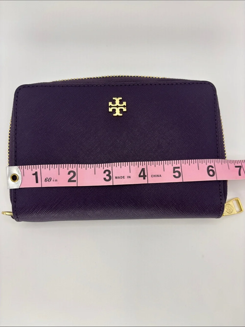 Tory Burch Deep Purple Leather Zip-Around Wallet with Gold Logo